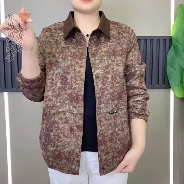 新款秋冬季中老年女装休闲衬衫领外套妈妈装洋气复古碎花长袖夹克