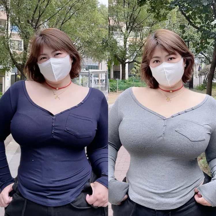 180的陈橙橙「必不可少」大码百搭纯欲性感高弹修身纽扣V领打底上衣