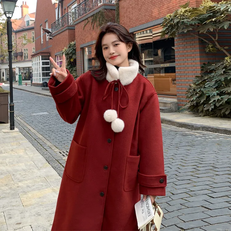 圣诞红色加绒呢大衣女秋冬2025新款中长款流行漂亮毛呢外套派克服