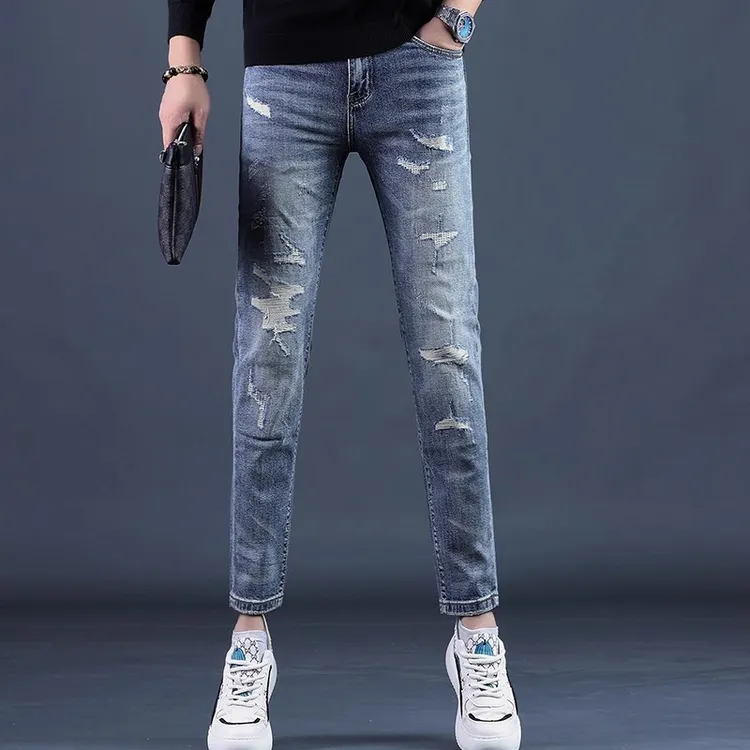 Cebrodz破洞九分牛仔裤男款修身显瘦小脚新款秋季休闲男士长裤