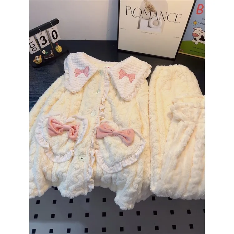 轻奢珊瑚绒睡衣女款秋冬天超厚加绒开衫可爱冬季保暖法兰绒家居服