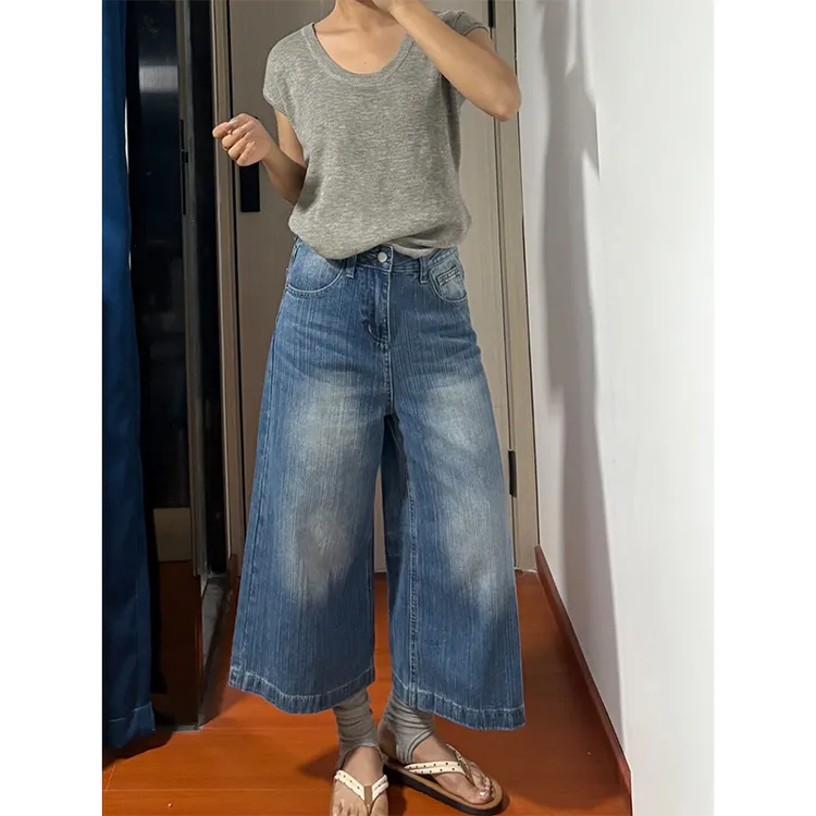 微胖mm纹理复古设计感八分阔腿牛仔裤女夏季新款冰裂纹宽松直筒裤