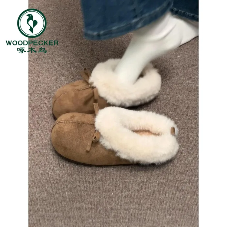 啄木鸟厚底蝴蝶结毛绒勃肯包头拖鞋女冬季懒人加绒保暖棉鞋毛毛鞋
