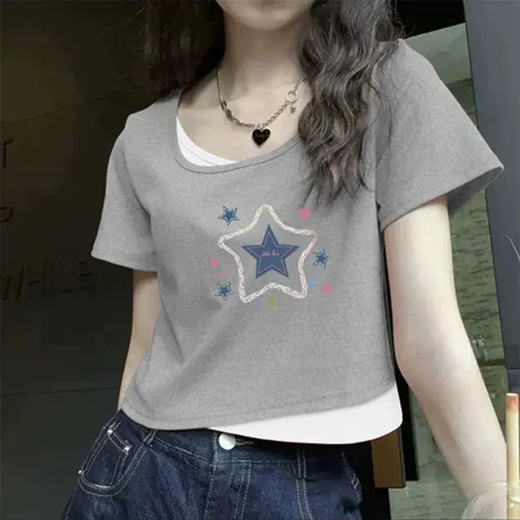 美式复古显瘦假两件短袖T恤女夏季新款2025小个子短款修身上衣潮