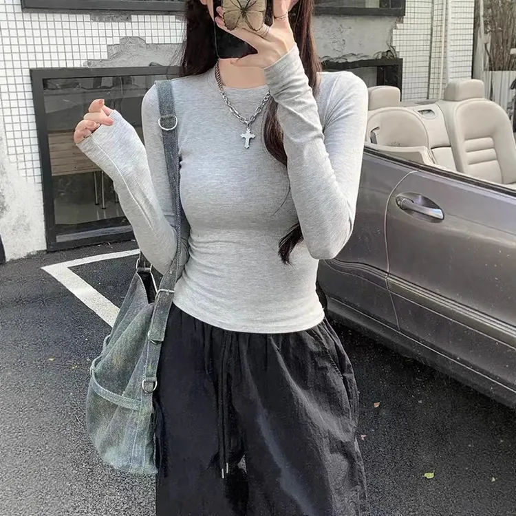 秋冬女装纯色正肩长袖T恤女修身显瘦收腰打底衫内搭外穿通勤百搭