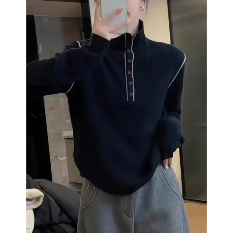 简约风时尚长袖针织衫女春秋冬百搭宽松遮肉减龄高领内搭毛衣上衣