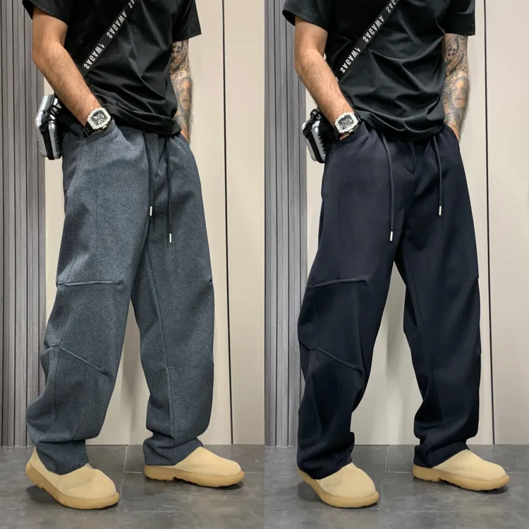 新款美式潮牌宽松大码休闲裤秋冬季男士纯色设计拼接运动裤直筒裤