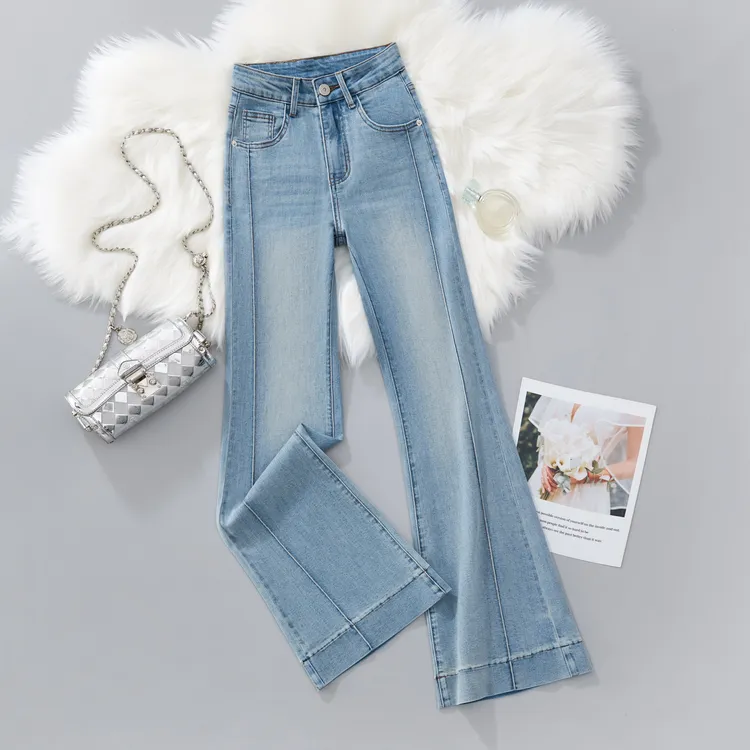 【婷婷玉立】天空蓝中高腰时尚百搭显高显瘦微喇牛仔裤1012