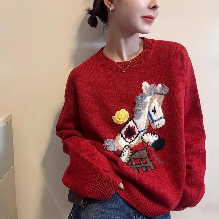 圣诞节时尚卡通刺绣毛衣保暖女新款软糯慵懒内搭跨年针织衫上衣潮