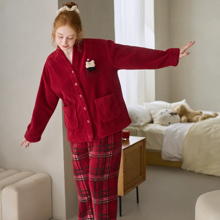 芬腾女大学生睡衣珊瑚绒加绒加厚保暖新款V领开衫冬季家居服套装