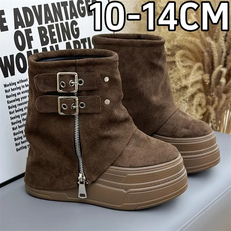 裤管靴女秋冬加棉百搭14cm厚底隐形内增高马丁靴子12公分棕色短靴