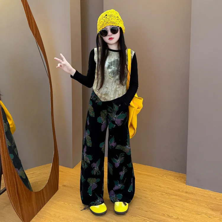 女童新款2025春秋季韩系设计感时尚上衣洋气印花修身裤两件套潮酷