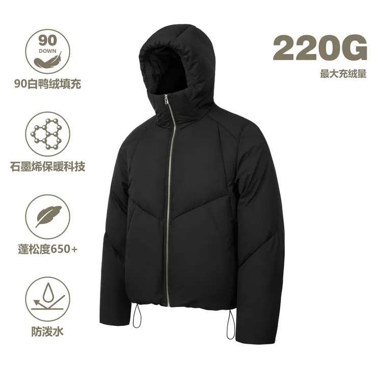 OkayThxBye "暗纹雕花"220G新国标90白鸭绒防水面料连帽羽绒服男