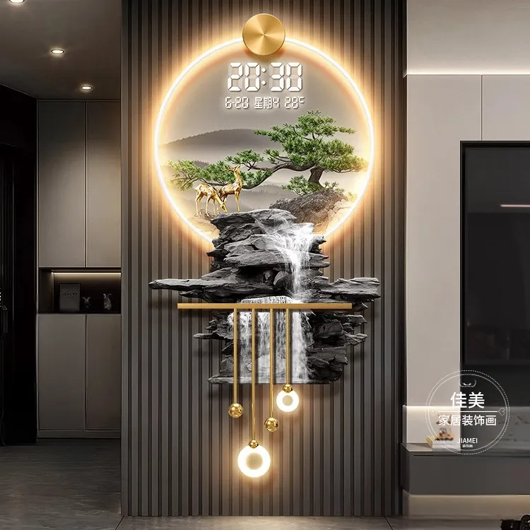 流水生财客厅数显电子钟表挂画2025新款迎客松玄关格栅装饰挂件