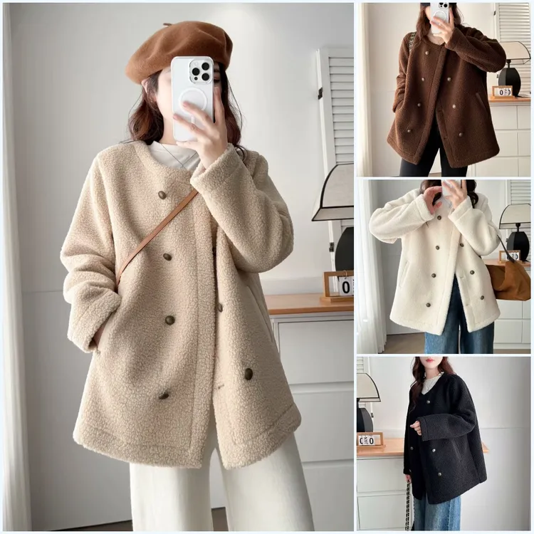 100-200斤大码女装胖mm秋冬款韩版百搭洋气双排扣羊羔毛外套2458