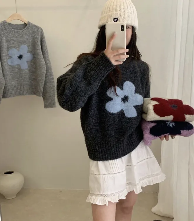 韩系花朵圆领毛衣小众质感毛衣