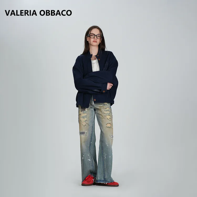 VALERIAOBBACO休闲直筒美式VO蓝色格纹补丁牛仔裤