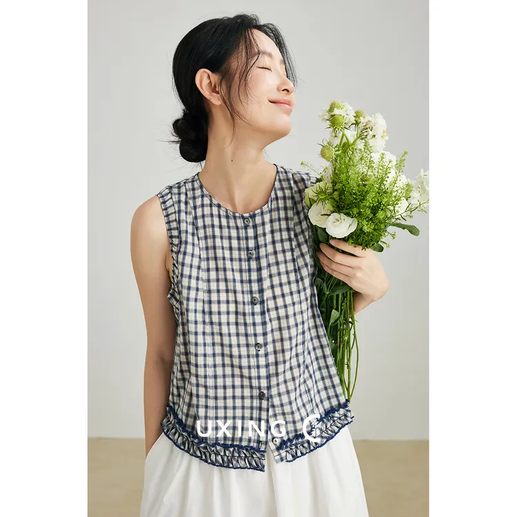 原形设计感蓝白格纯棉衬衫女2025新款夏季外穿薄款无袖衬衣91437