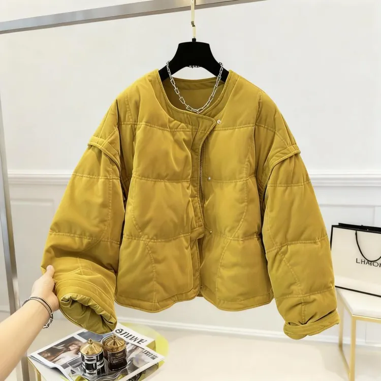 老钱风圆领丝绒棉服冬季新款保暖外套拼接时髦小众通勤面包服女装