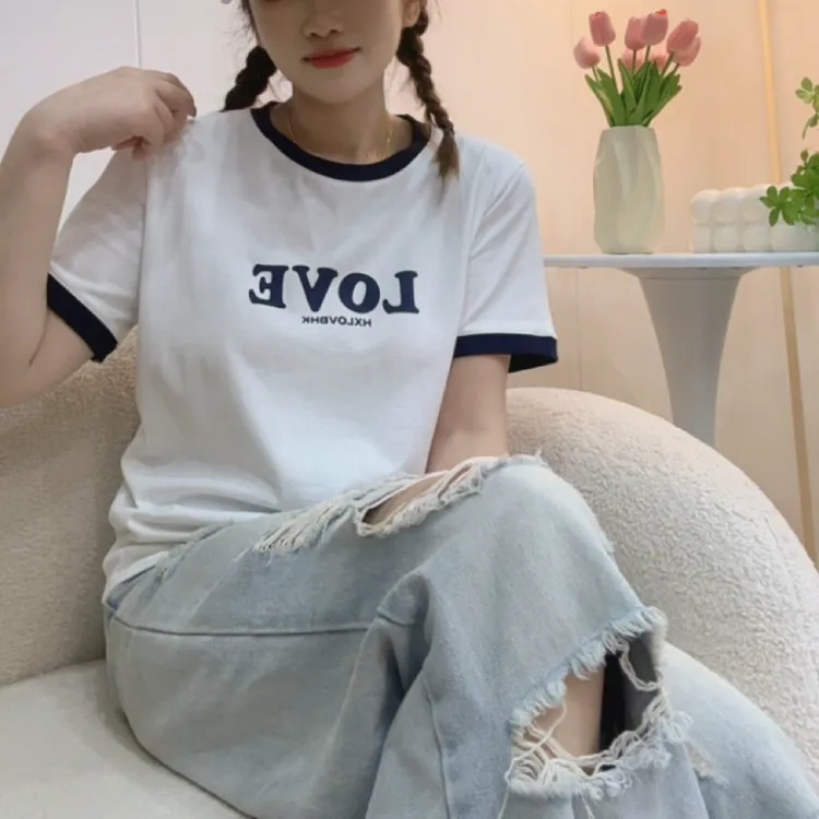 精梳纯棉新款印花2025年夏季圆领显瘦透气宽松休闲短袖上衣女