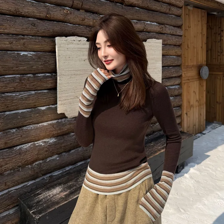 Moprobably李予诺「时光线条」条纹拼接撞色高领羊毛针织衫L5476168