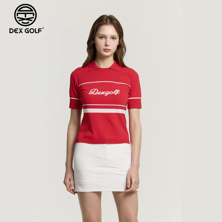 DEXGOLF高尔夫女士春夏8231薄款翻领条纹针织衫简约拼色短袖柔软