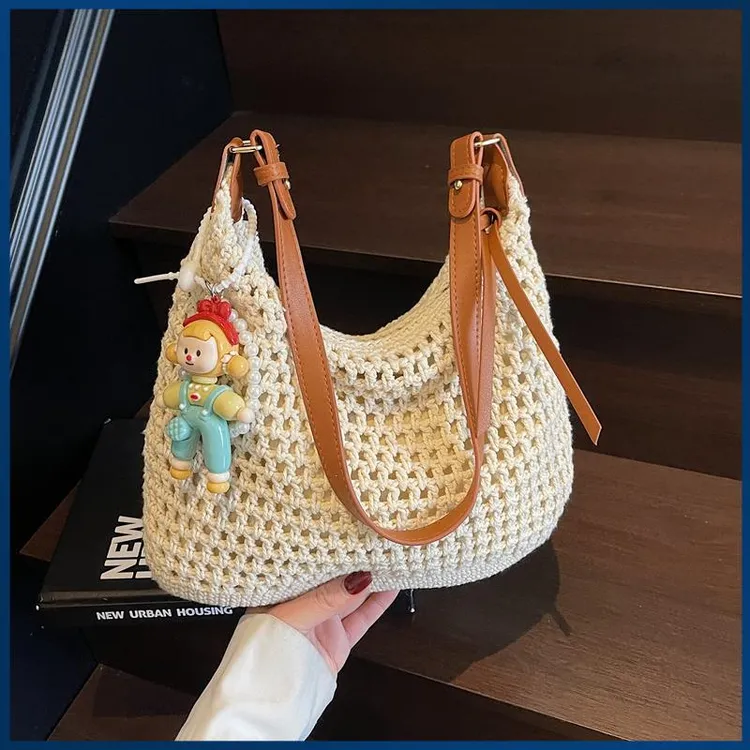 手工棉线编织包包女夏2025新款休闲通勤单肩包海边度假斜挎沙滩包