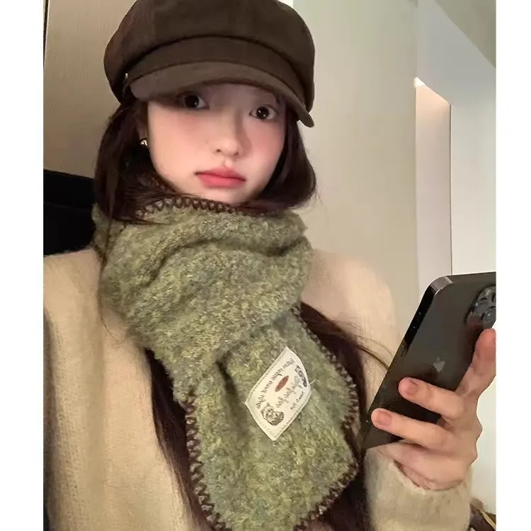 含羊毛混色针织围巾女冬复古锁边韩系高级软糯保暖加厚围脖流光风