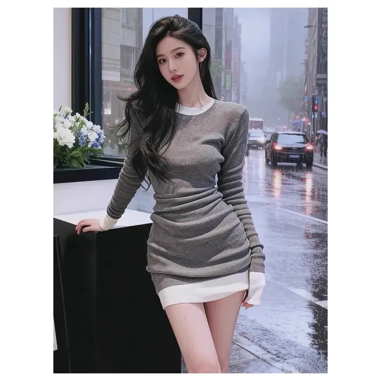 法式轻熟风早秋流行穿搭灰色连衣裙女秋季修身包臀高级感气质短裙