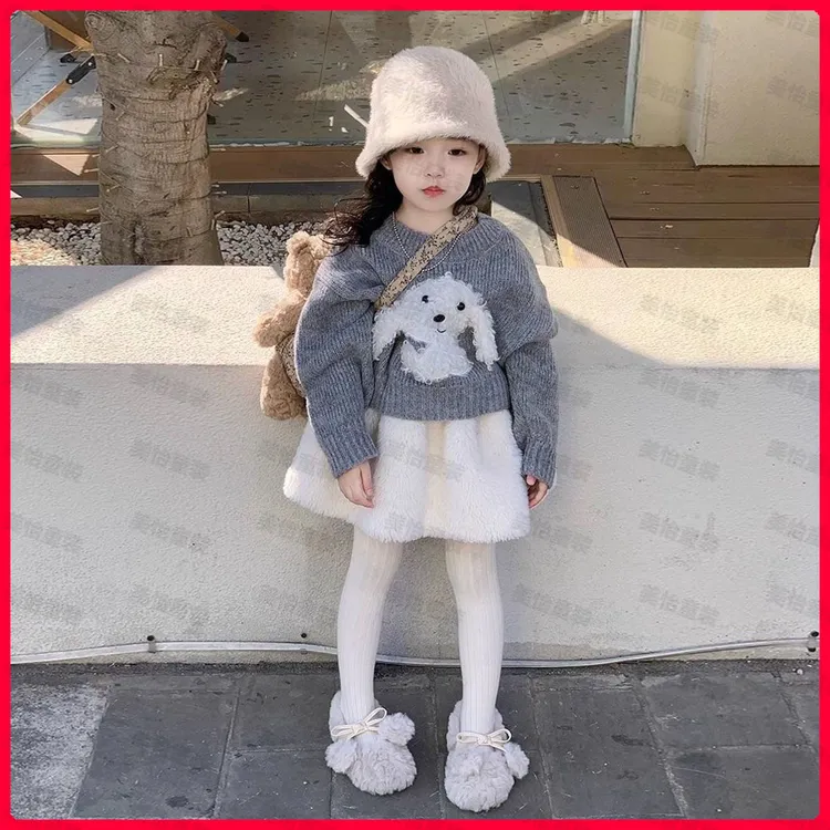 韩版女童2025春秋新款针织衫可爱小狗毛衣甜美短裙毛毛蓬蓬半身裙