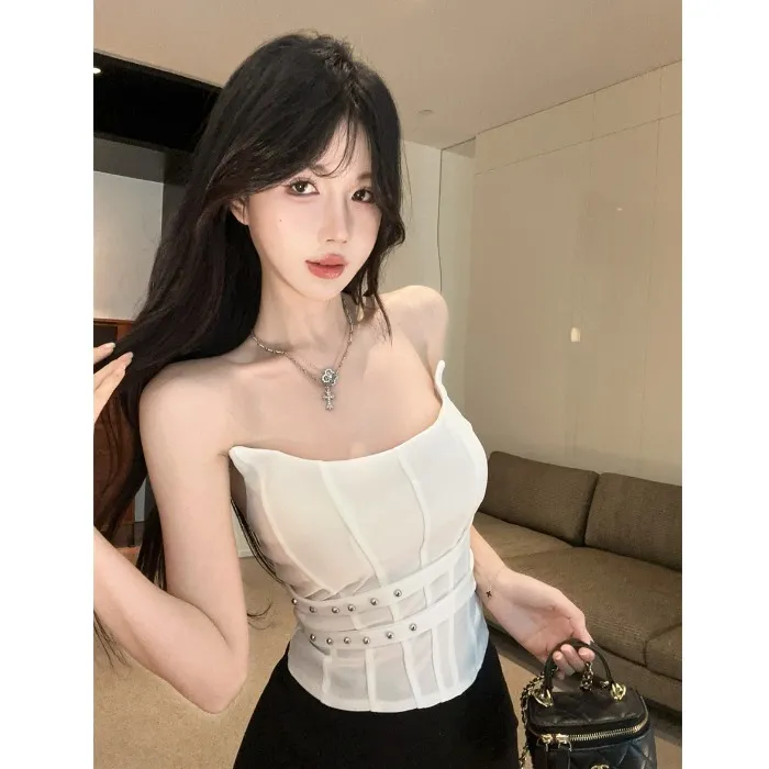 不规则铆钉吊带背心女夏季美式辣妹一字肩鱼骨抹胸小上衣外穿裹胸