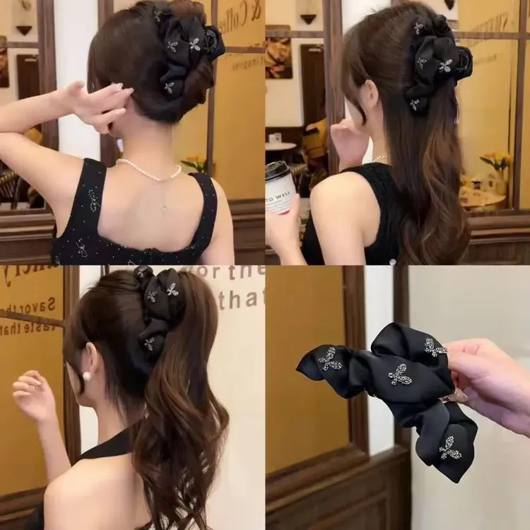 水钻蝴蝶褶皱缎面抓夹大号发夹女后脑勺高级感盘发鲨鱼夹子马尾夹