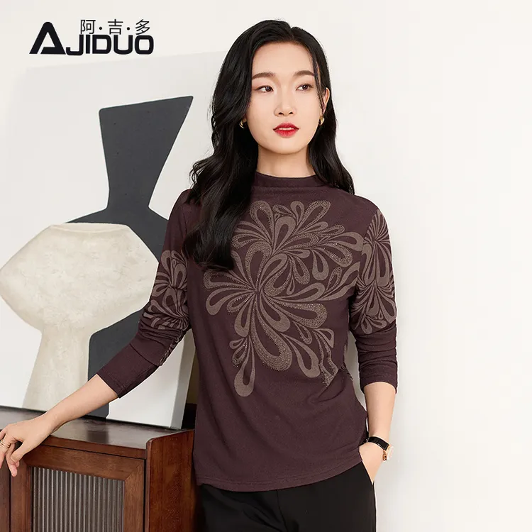 A66302阿吉多半高领女士T恤秋冬新款烫钻印花长袖打底衫大码上衣