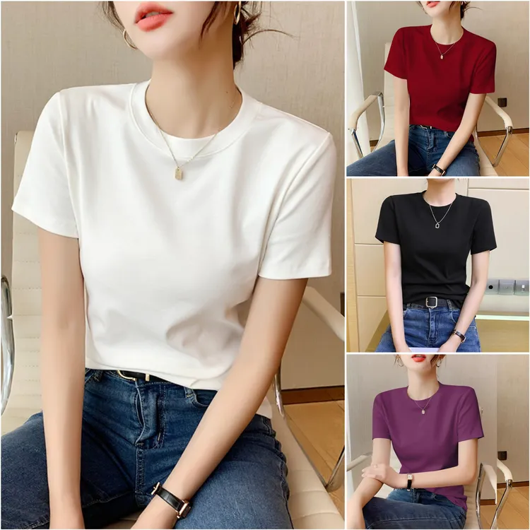 【9个色】2025夏季新款纯色短袖T恤女圆领百搭显瘦修身简约半袖上衣