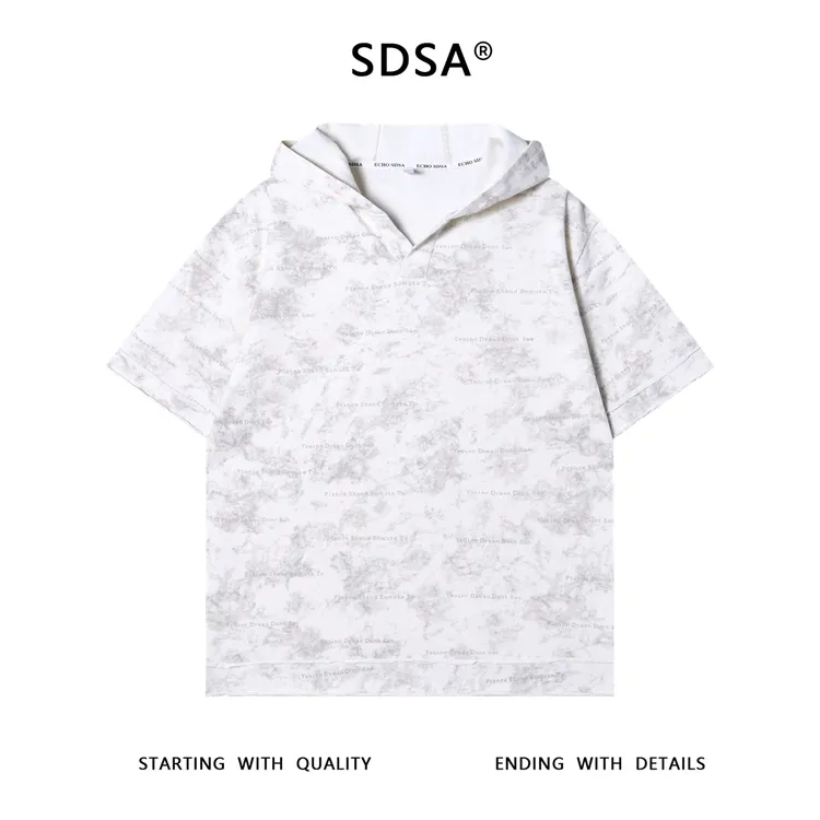 夏季高级感新款男士扎染印花字母连帽短袖T恤洒金简约百搭上衣