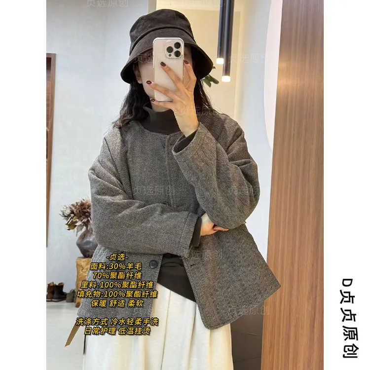 30060-圆领文艺复古棉衣外套新款宽松休闲气质短款棉服上衣