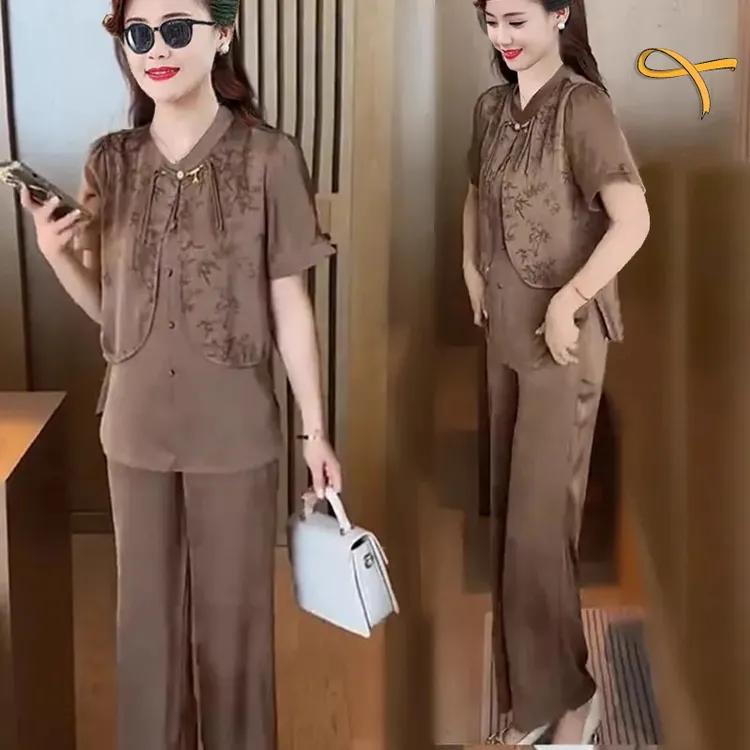 2025夏季遮肉显瘦休闲套装女新中式时尚妈妈装短袖上衣百搭两件套