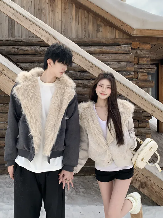 情侣装冬季时尚美式座山雕毛领一男一女棉服宽松显瘦外套潮