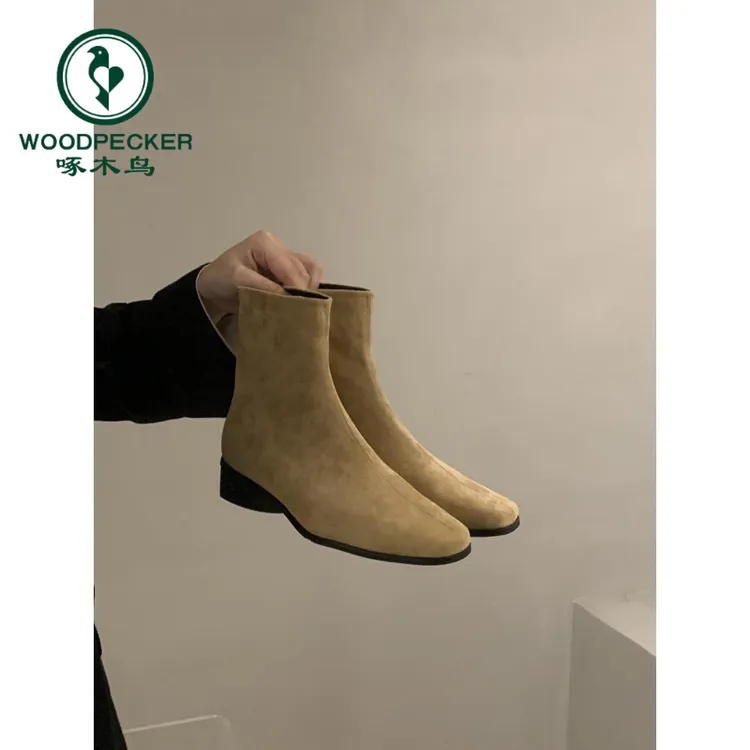 啄木鸟复古洋气绒面短靴女靴子2025年新款春秋单靴粗跟瘦瘦及踝靴