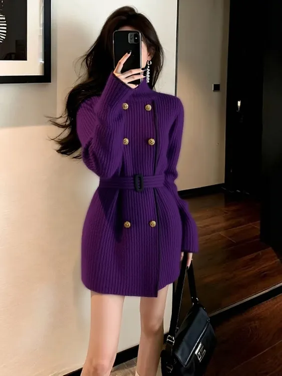 冬季韩系氛围感上衣独特超好看洋气时髦高级感慵懒风紫色针织外套