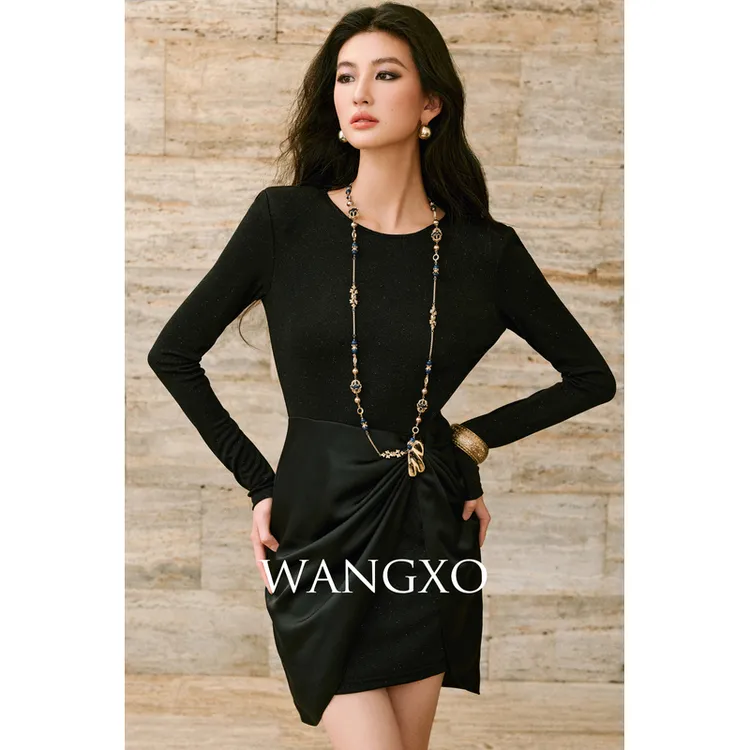 WANGXO 亮丝针织拼接缎面打褶连衣裙253963W