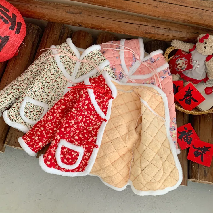 儿童加绒加厚花棉袄女童宝宝秋冬款保暖外套棉衣中大童拜年服童装