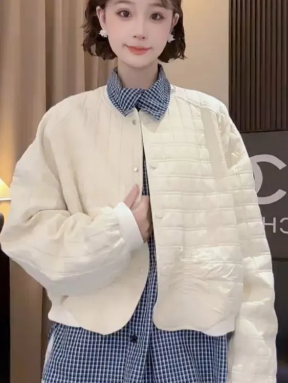 韩系2025春秋新款百搭休闲减龄圆领薄棉夹克简约时尚外套上衣女装