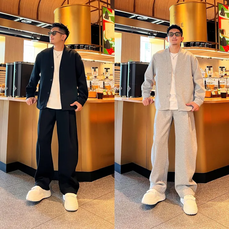 秋季新款简约风百搭时尚宽松个性复古慵懒感压皱设计开衫长裤套装