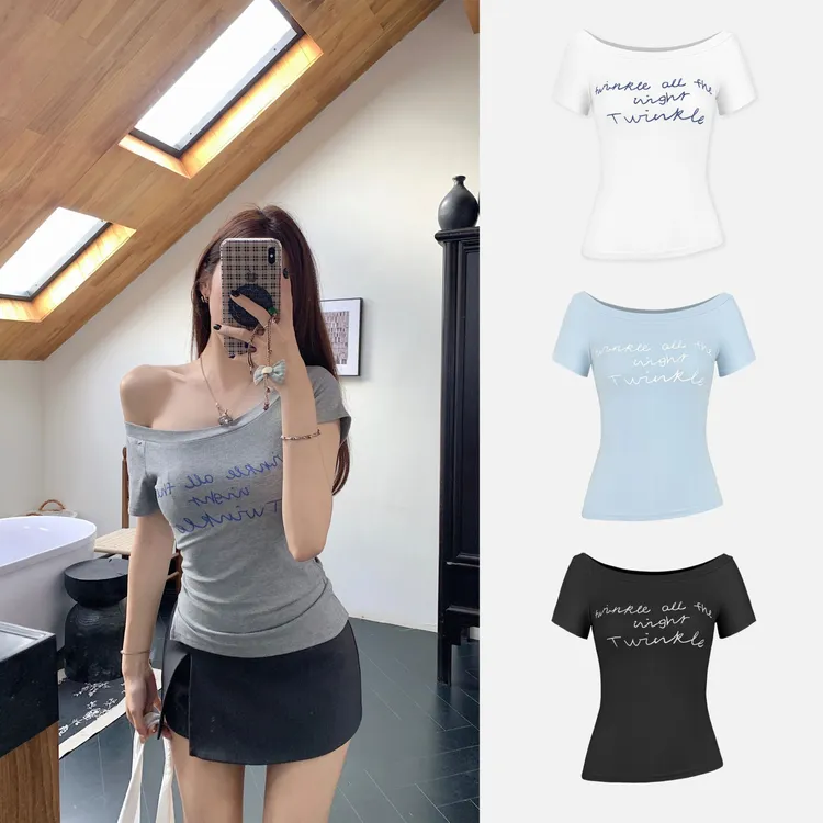 【女高】夏季短款上衣修身气质辣妹显瘦一字肩T恤H 8568