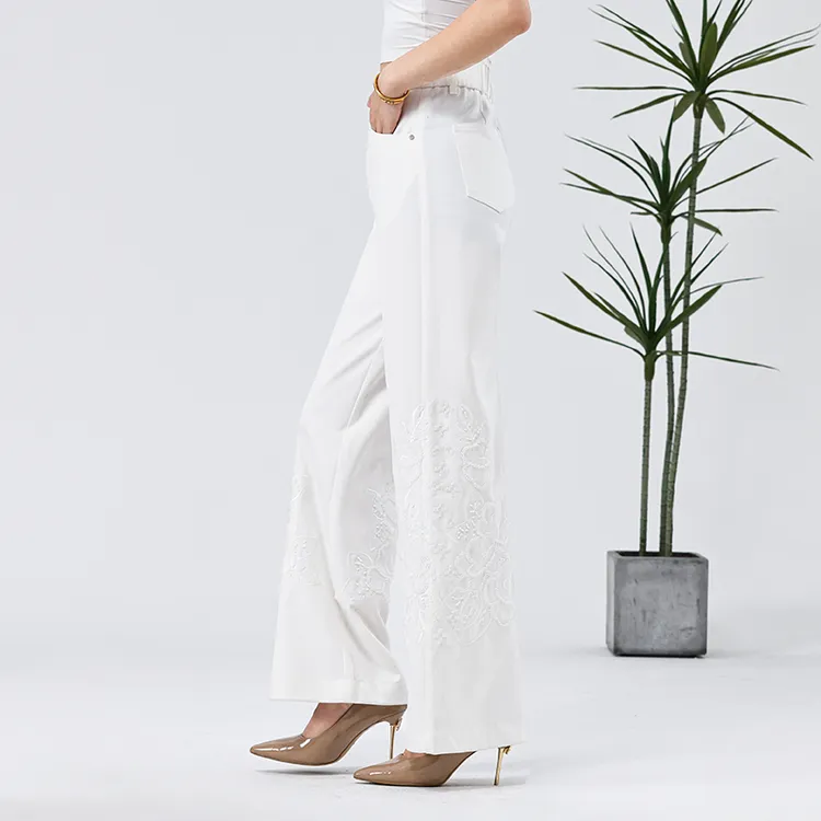 MINGSHE/明社夏季白色中国风薄款绣珠冰凉垂感高腰牛仔阔腿裤