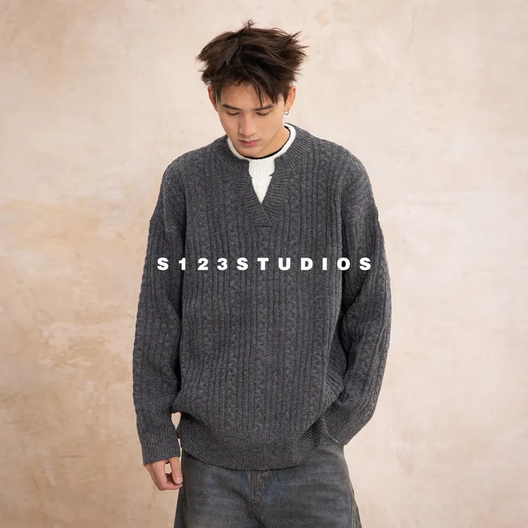 老钱风假两件拼接撞色V领针织衫男高级感高街痞帅宽松毛衣潮