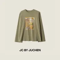 夏威夷椰树设计图案月桂绿宽松棉质长袖T恤 FW117013-195秋冬女装