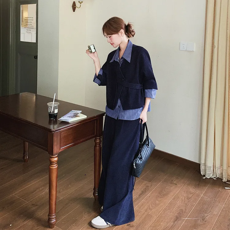 韩系干练气质时尚套装女2025秋季条纹假两件西装休闲阔腿裤两件套