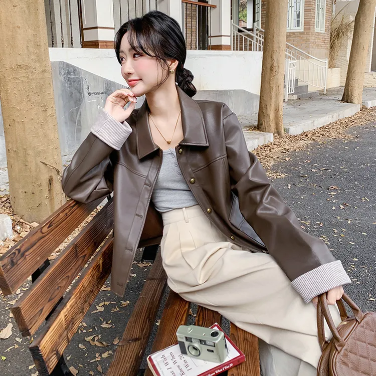 休闲减龄咖色皮衣外套女2025春季新款小个子短款设计感超火PU夹克